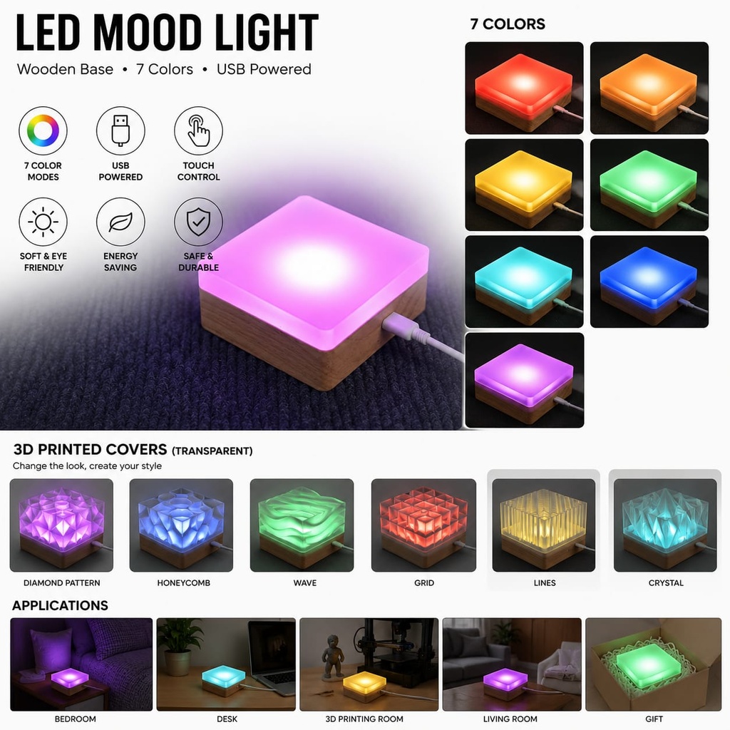 LED With Wooden Base (10 cm) 7 Colors
